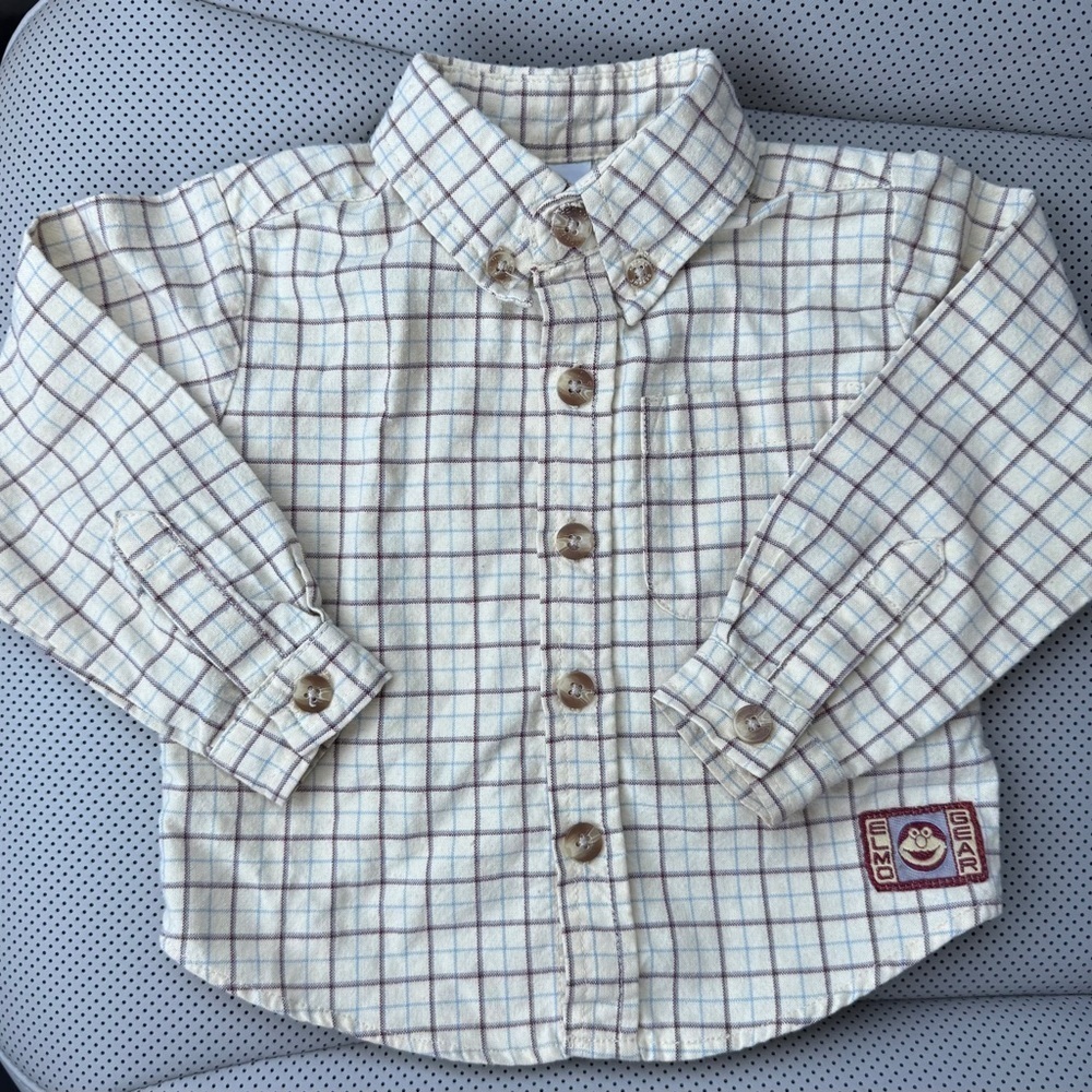 💰Sesame Street 12 Months Button up Long Sleeve Dress Shirt Plaid Tan Neutral